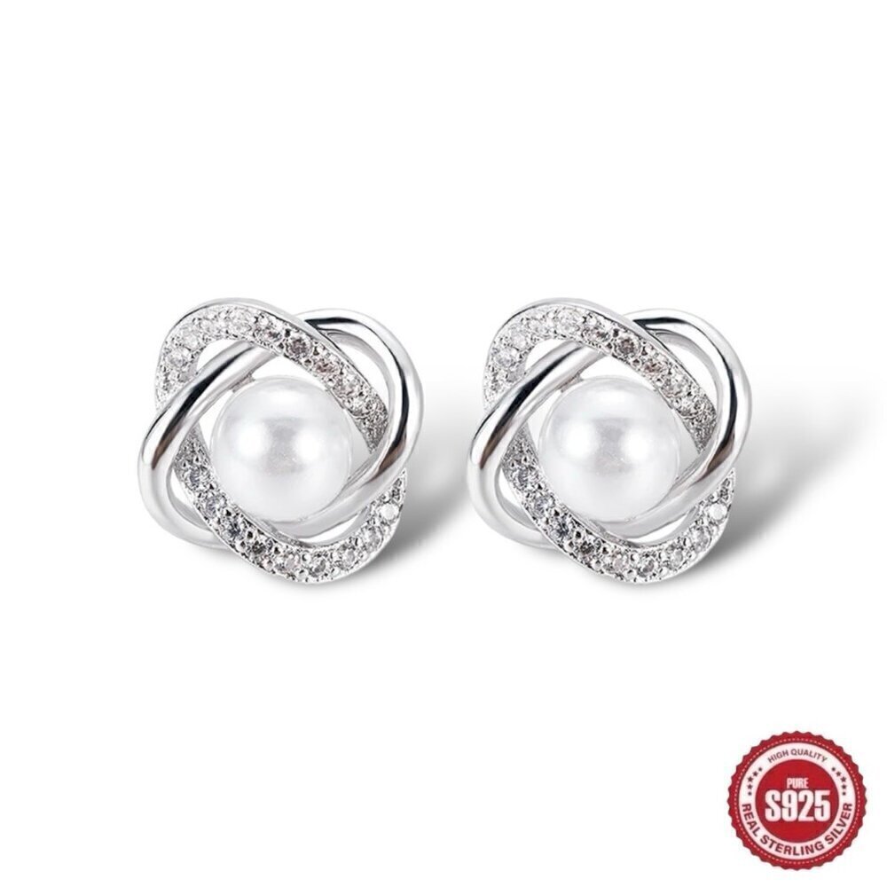 NWT S925 Silver Cubic Zirconia White Pearl Dainty Stud Earrings